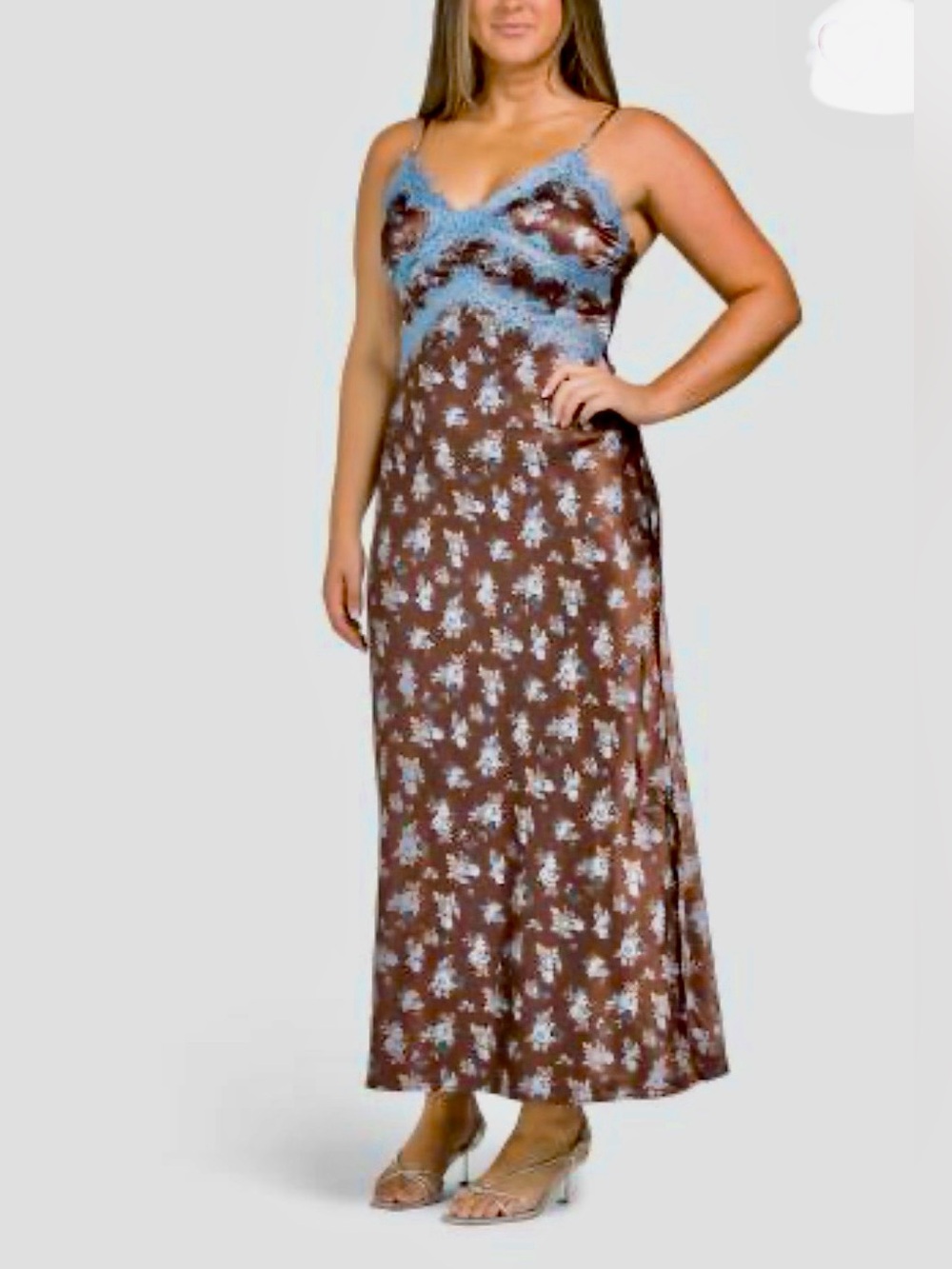 NWT Thirty Thirty Brown Floral Lace-Trim Slip Dress with Blue Accents- S